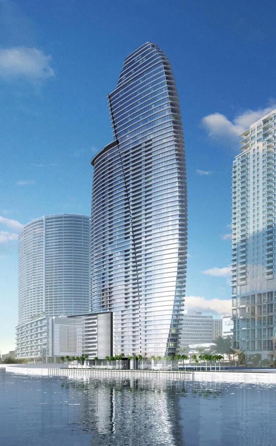Aston Martin Residences, the sail-shaped glass tower rising over the Miami River